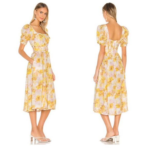 For Love & Lemons | Womens Zinna Midi Dress Lemonade Yellow Floral Smocked Small - Picture 2 of 12